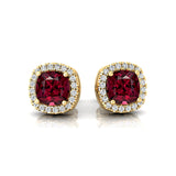 Cushion Cut Garnet Halo Diamond Stud Earrings - GeumJewels