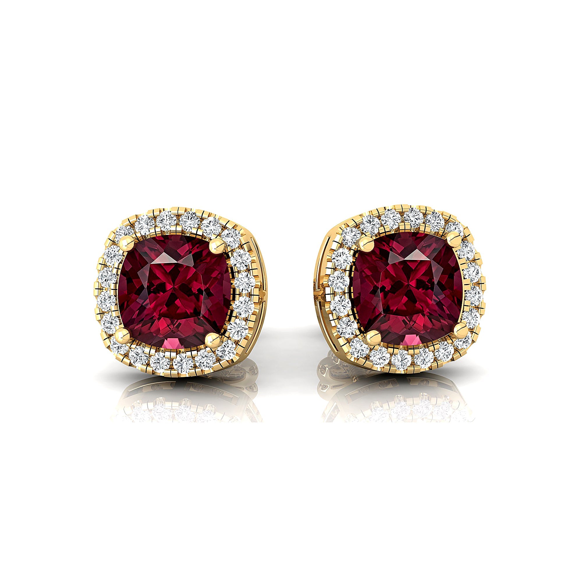 Cushion Cut Garnet Halo Diamond Stud Earrings - GeumJewels
