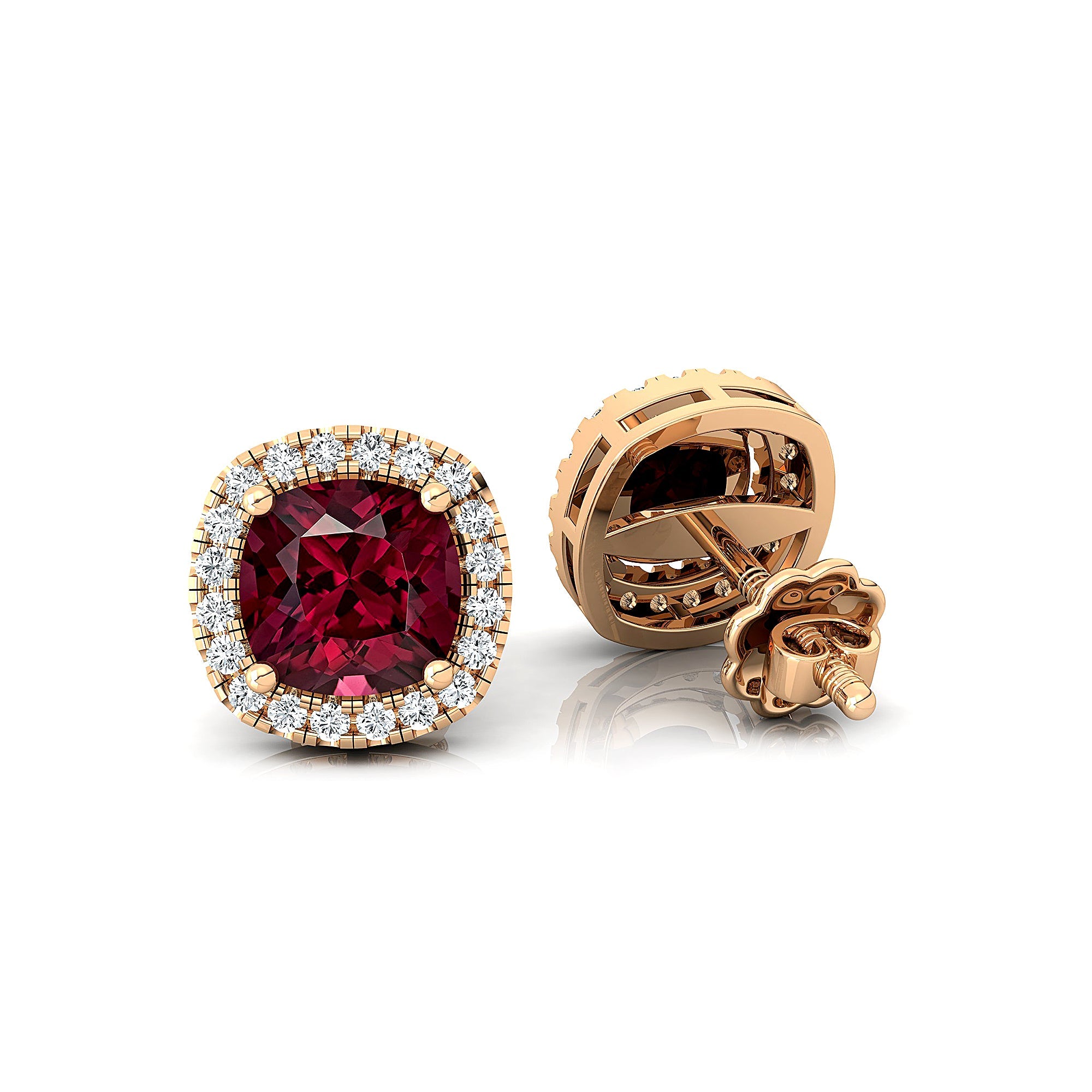 Cushion Cut Garnet Halo Diamond Stud Earrings - GeumJewels