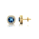 Cushion Cut London Blue Topaz Halo Diamond Stud Earrings - GeumJewels