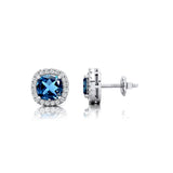 Cushion Cut London Blue Topaz Halo Diamond Stud Earrings - GeumJewels