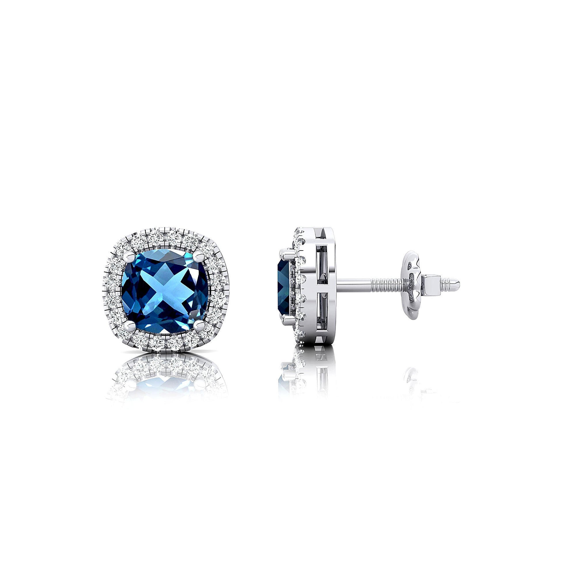 Cushion Cut London Blue Topaz Halo Diamond Stud Earrings - GeumJewels