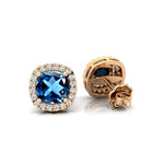 Cushion Cut London Blue Topaz Halo Diamond Stud Earrings - GeumJewels