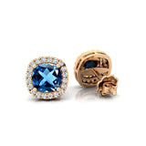 Cushion Cut London Blue Topaz Halo Diamond Stud Earrings - GeumJewels