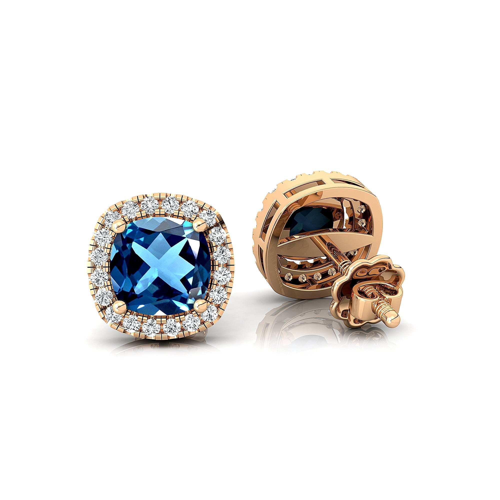 Cushion Cut London Blue Topaz Halo Diamond Stud Earrings - GeumJewels