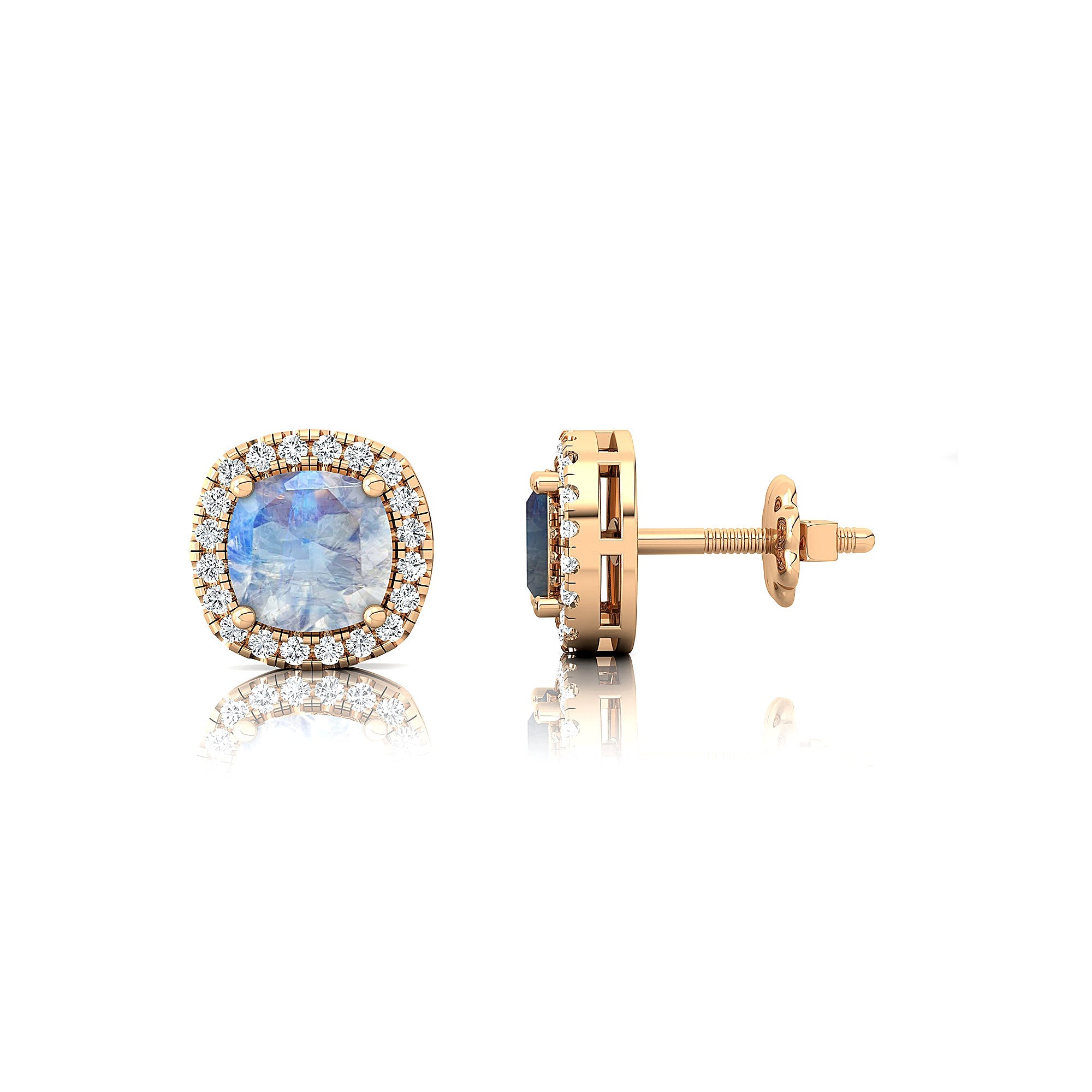 Cushion Cut Moonstone Halo Diamond Stud Earrings - GeumJewels