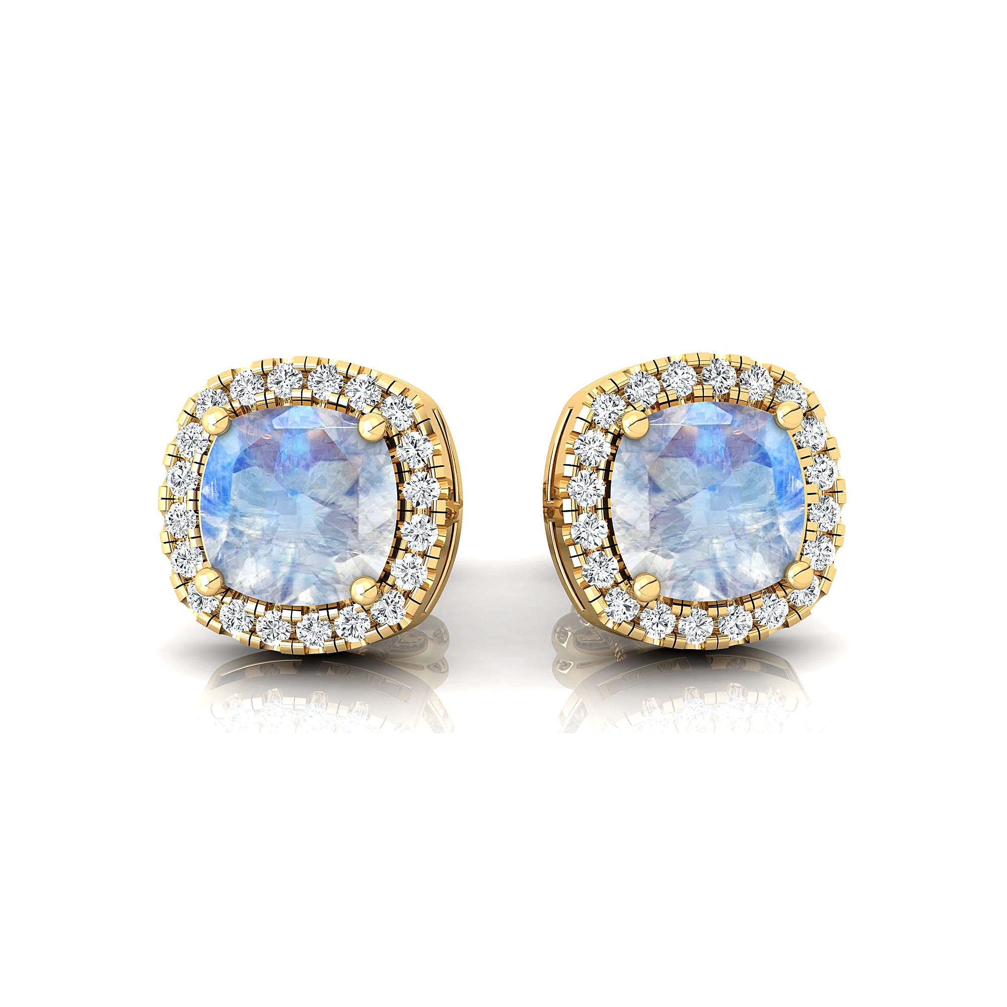 Cushion Cut Moonstone Halo Diamond Stud Earrings - GeumJewels