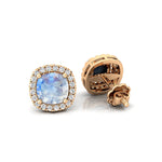Cushion Cut Moonstone Halo Diamond Stud Earrings - GeumJewels