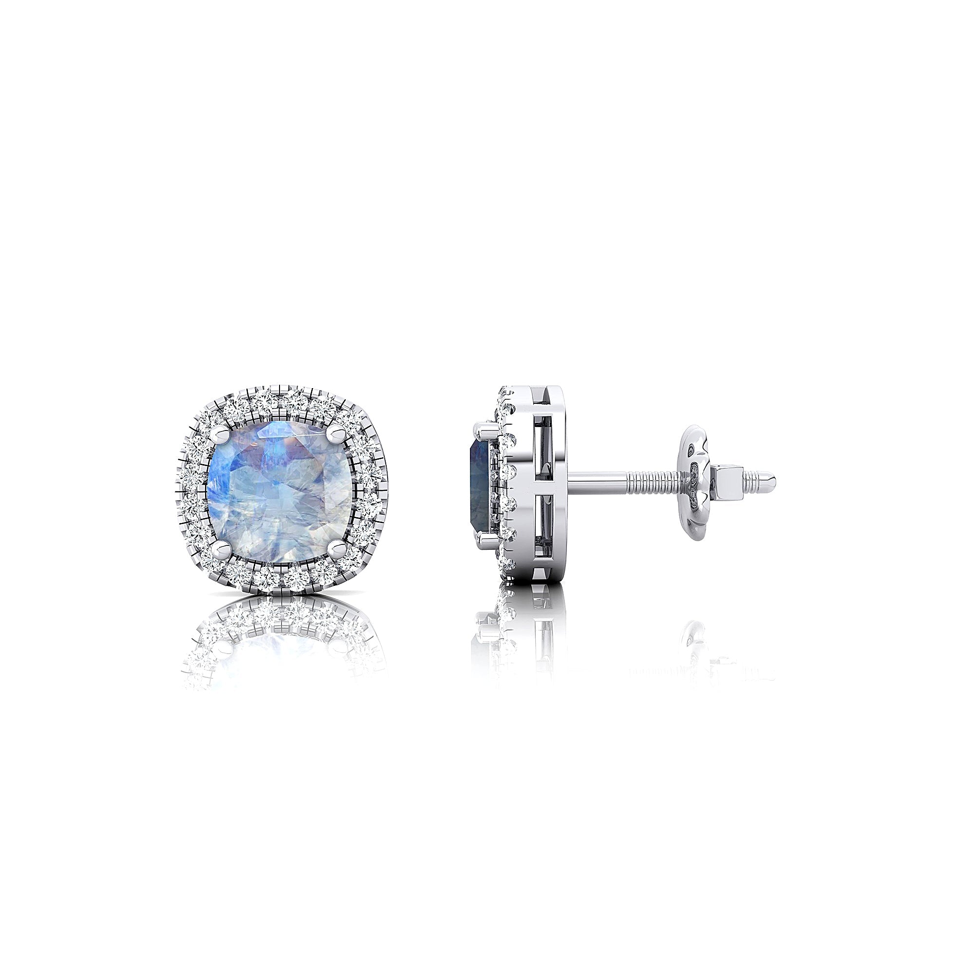 Cushion Cut Moonstone Halo Diamond Stud Earrings - GeumJewels