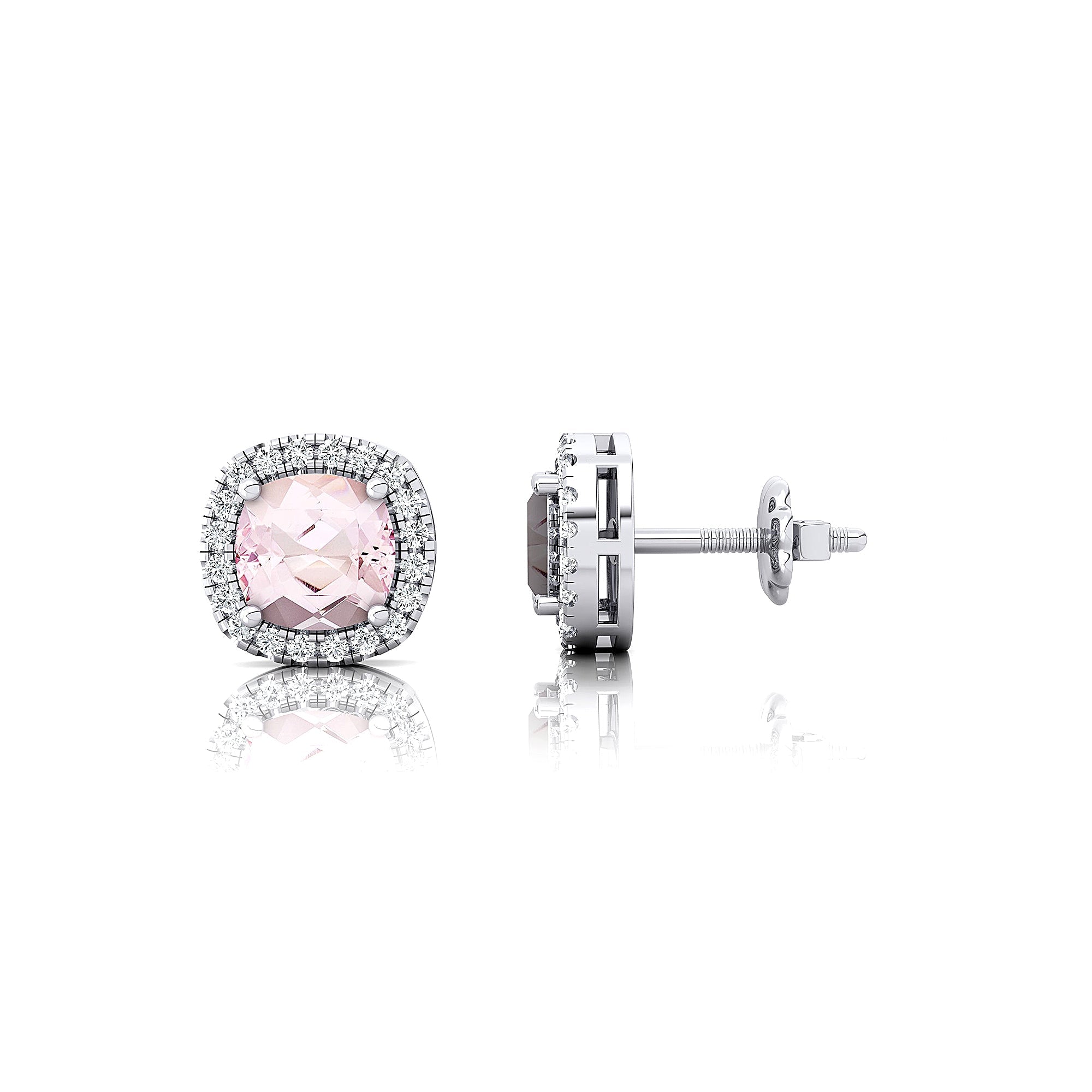 Cushion Cut Morganite Halo Diamond Stud Earrings - GeumJewels