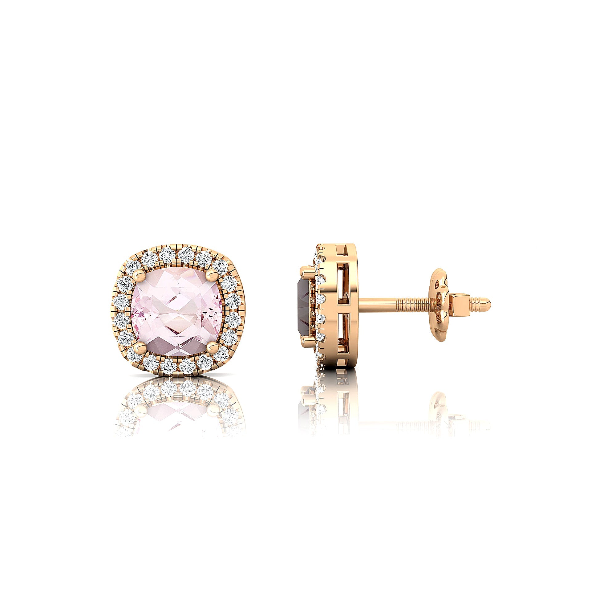 Cushion Cut Morganite Halo Diamond Stud Earrings - GeumJewels