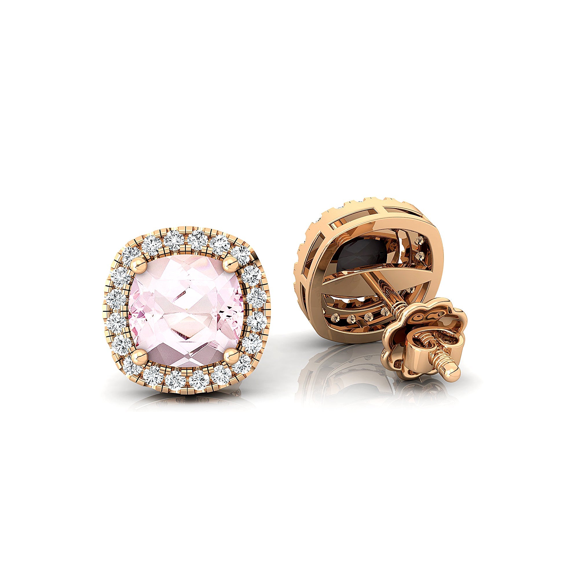 Cushion Cut Morganite Halo Diamond Stud Earrings - GeumJewels