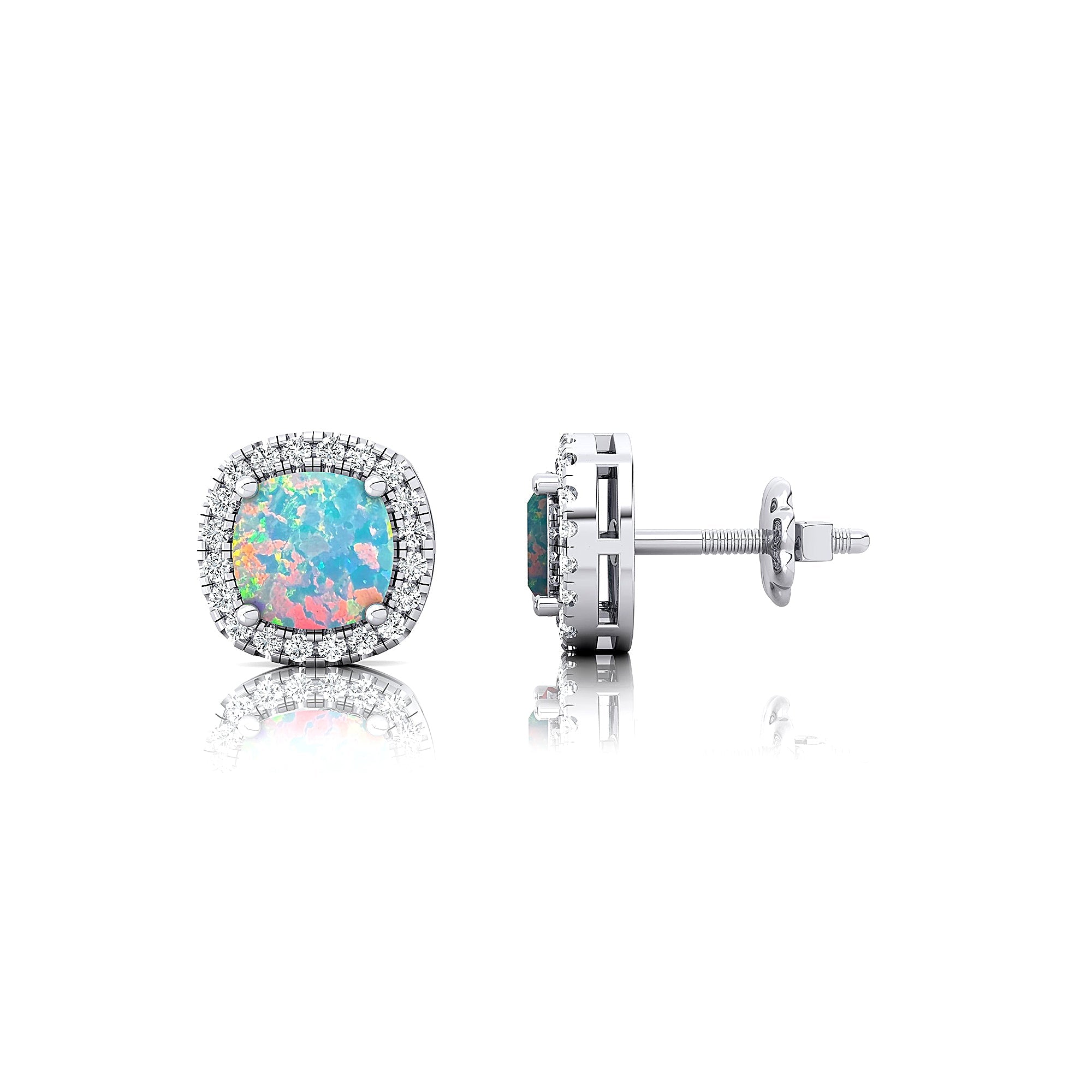 Cushion Cut Opal Halo Diamond Stud Earrings - GeumJewels