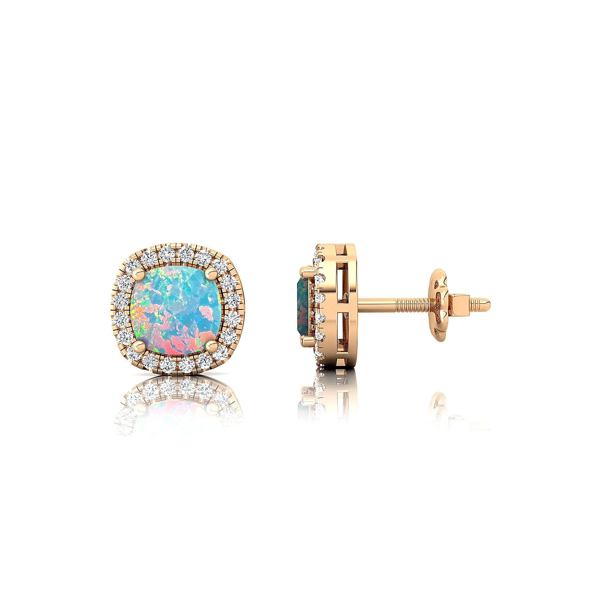 Cushion Cut Opal Halo Diamond Stud Earrings - GeumJewels