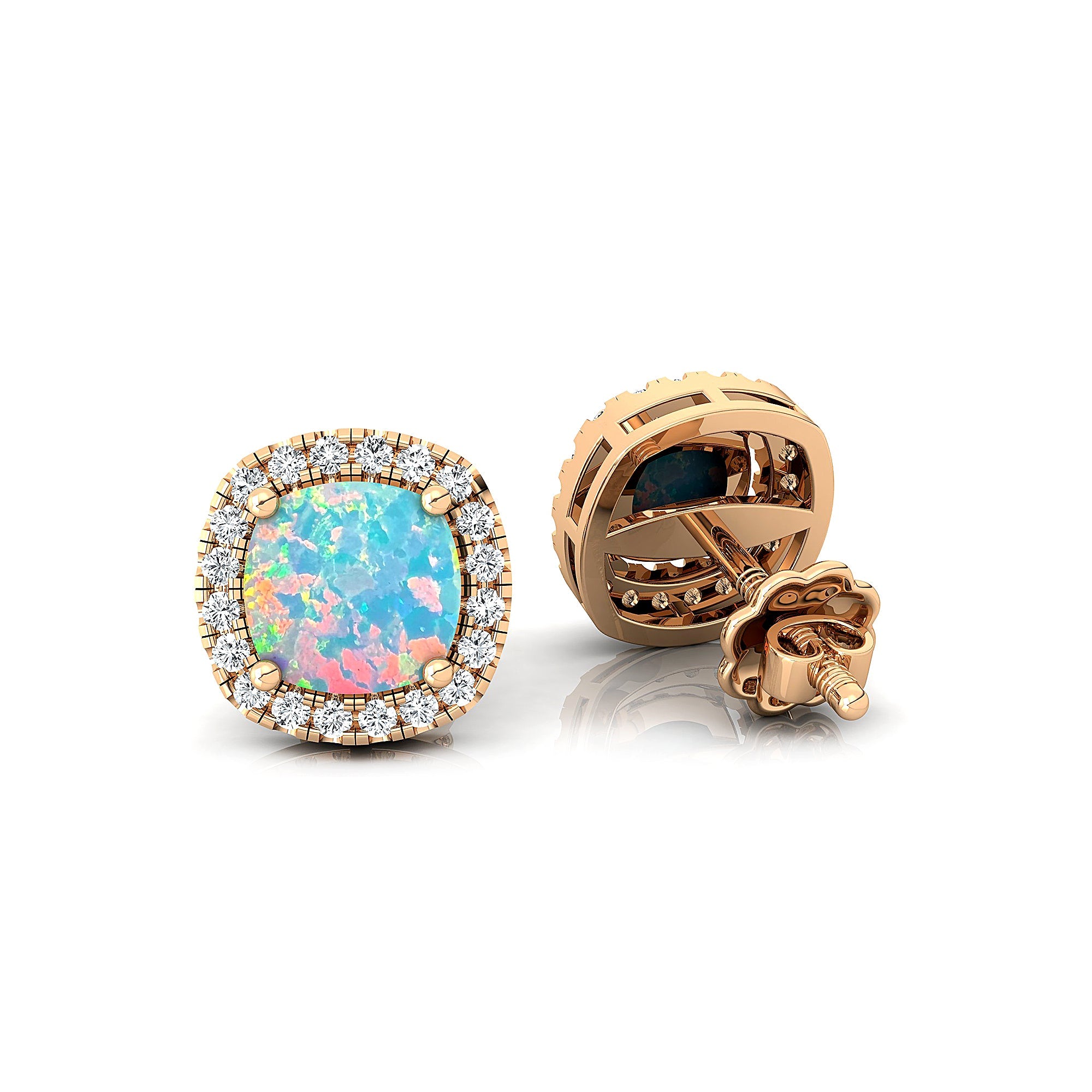 Cushion Cut Opal Halo Diamond Stud Earrings - GeumJewels