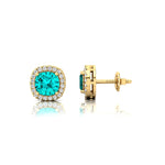 Cushion Cut Paraiba Tourmaline Halo Diamond Stud Earrings - GeumJewels