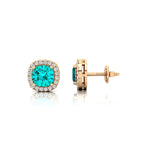 Cushion Cut Paraiba Tourmaline Halo Diamond Stud Earrings - GeumJewels