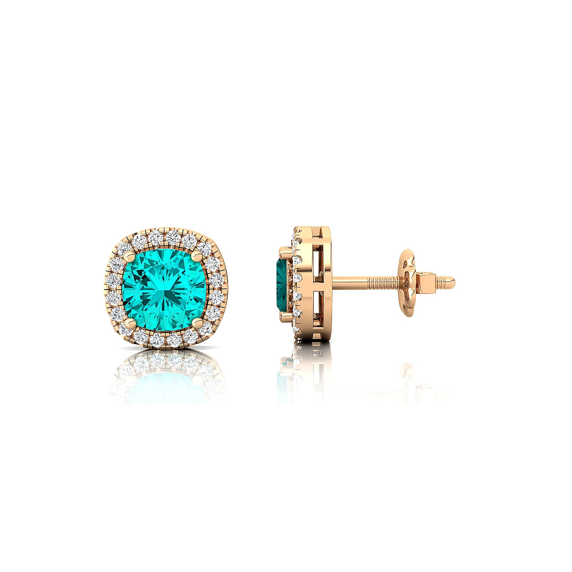 Cushion Cut Paraiba Tourmaline Halo Diamond Stud Earrings - GeumJewels