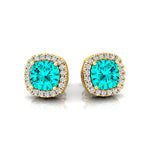 Cushion Cut Paraiba Tourmaline Halo Diamond Stud Earrings - GeumJewels