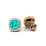 Cushion Cut Paraiba Tourmaline Halo Diamond Stud Earrings - GeumJewels