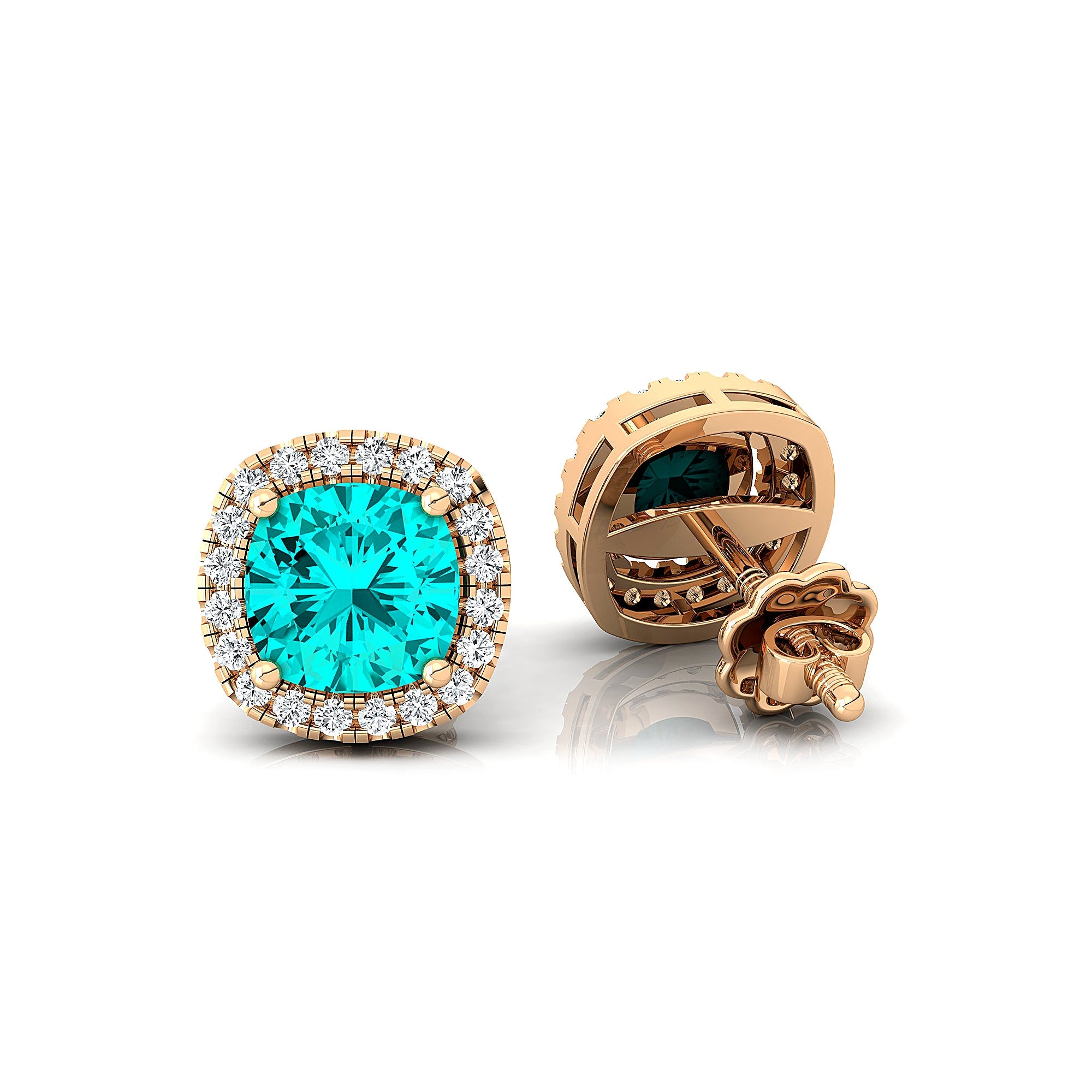 Cushion Cut Paraiba Tourmaline Halo Diamond Stud Earrings - GeumJewels