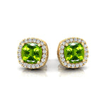 Cushion Cut Peridot Halo Diamond Stud Earrings - GeumJewels