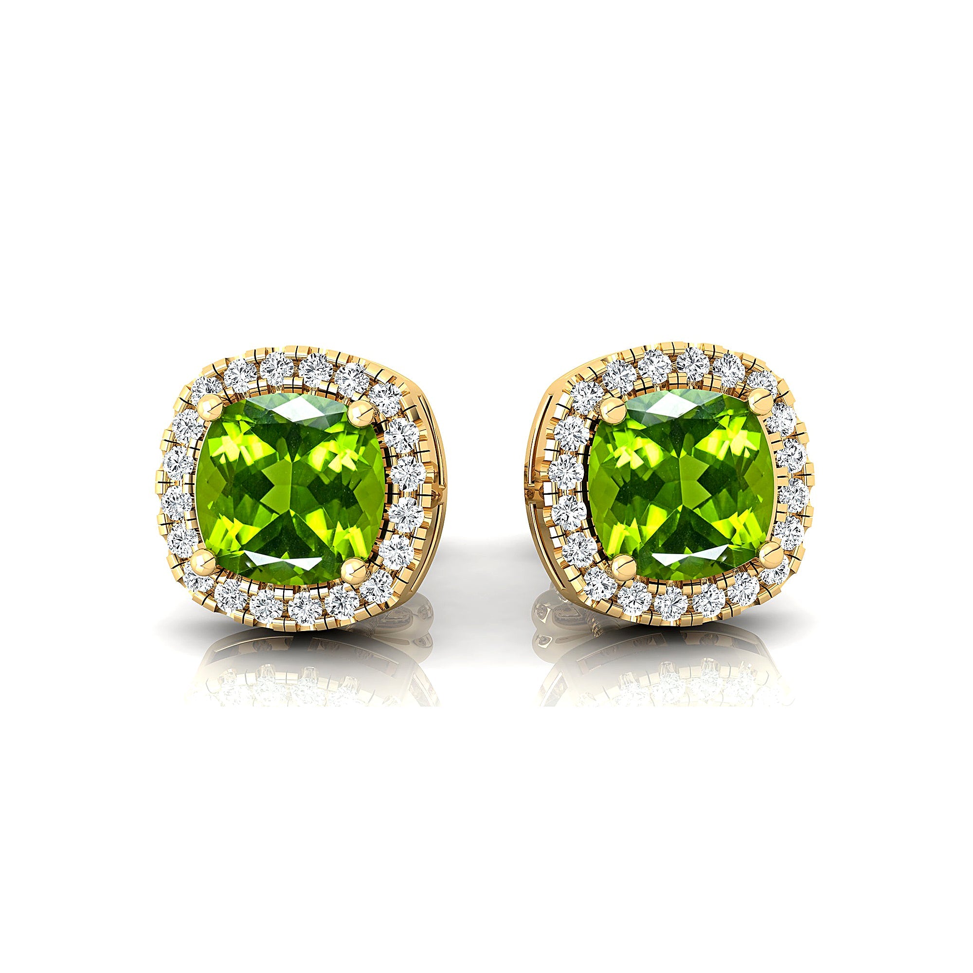 Cushion Cut Peridot Halo Diamond Stud Earrings - GeumJewels