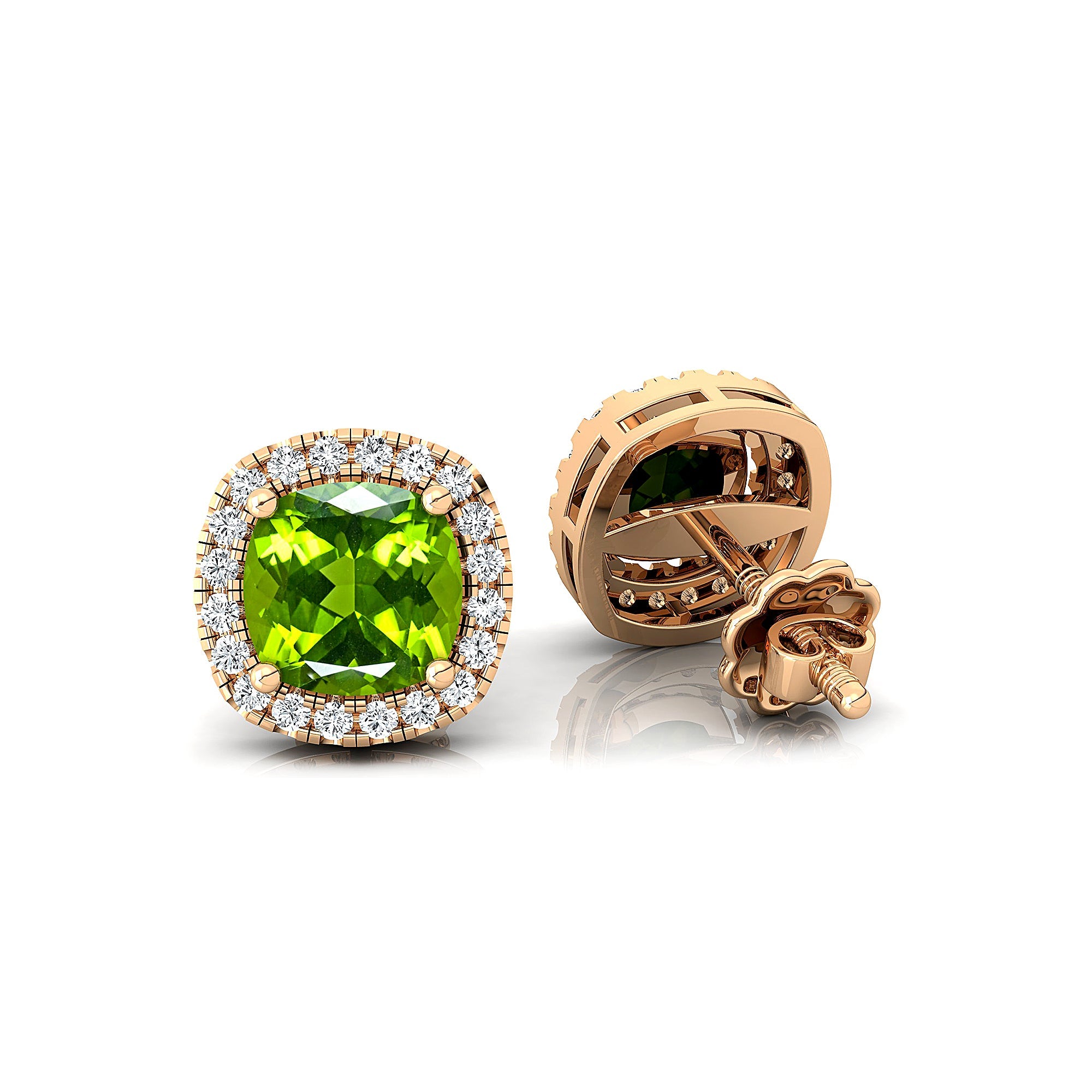 Cushion Cut Peridot Halo Diamond Stud Earrings - GeumJewels