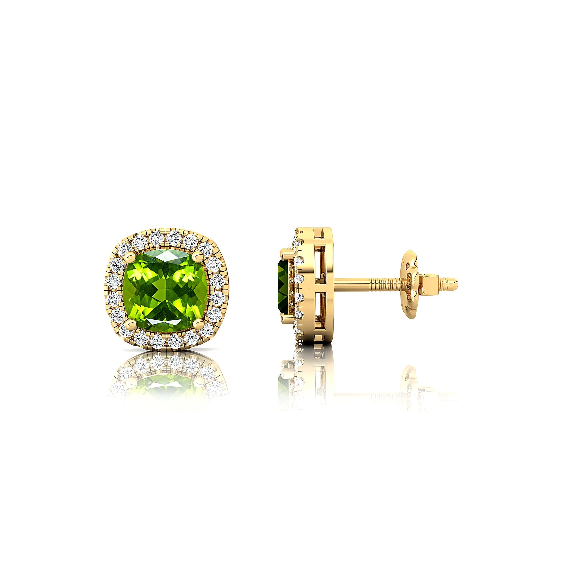 Cushion Cut Peridot Halo Diamond Stud Earrings - GeumJewels