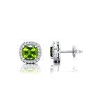 Cushion Cut Peridot Halo Diamond Stud Earrings - GeumJewels