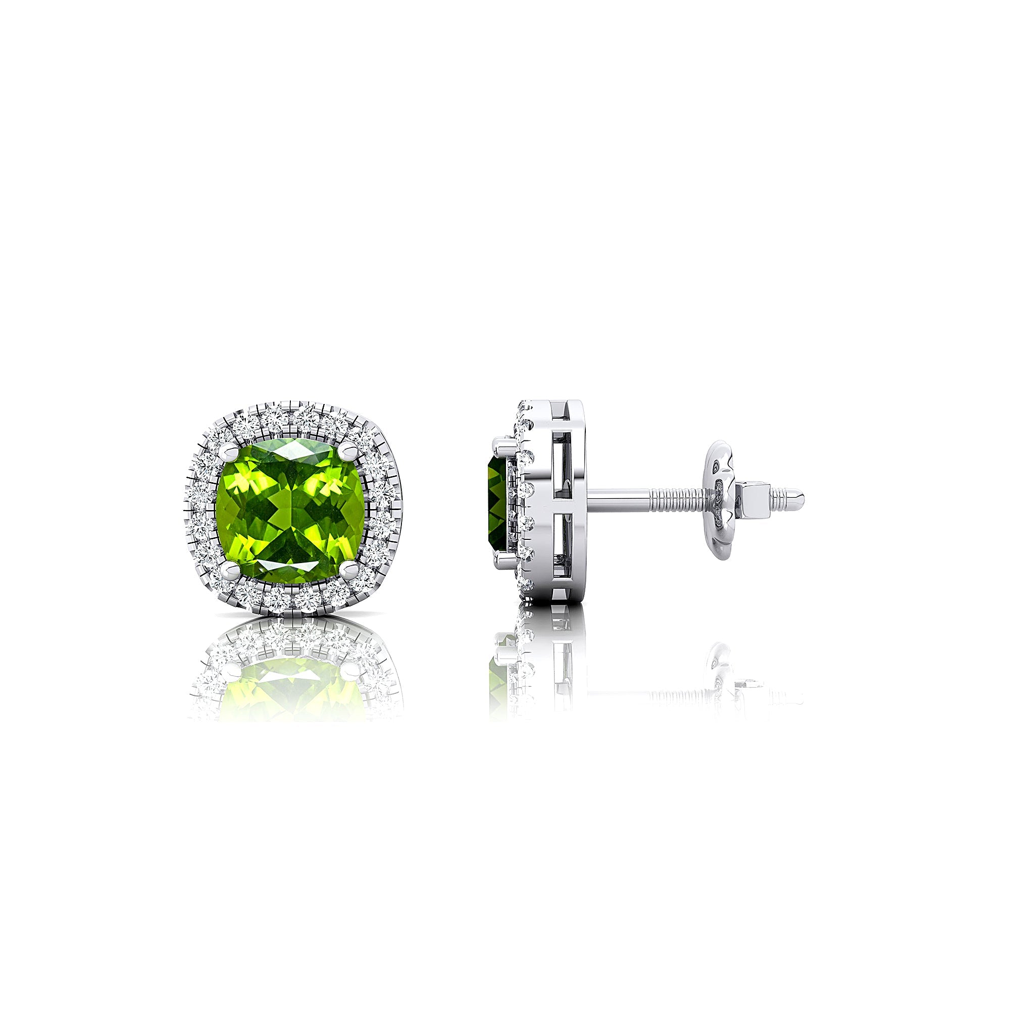 Cushion Cut Peridot Halo Diamond Stud Earrings - GeumJewels