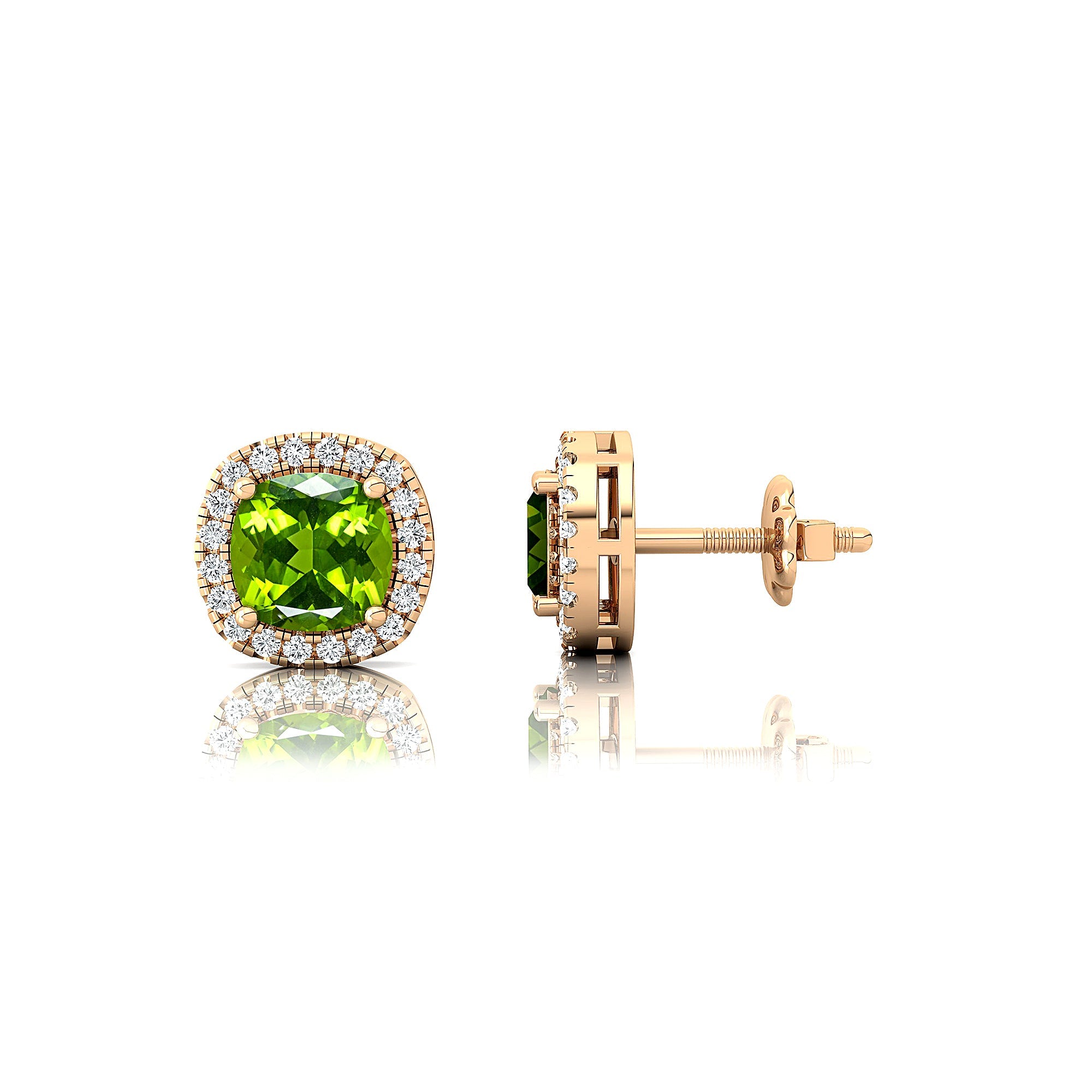Cushion Cut Peridot Halo Diamond Stud Earrings - GeumJewels