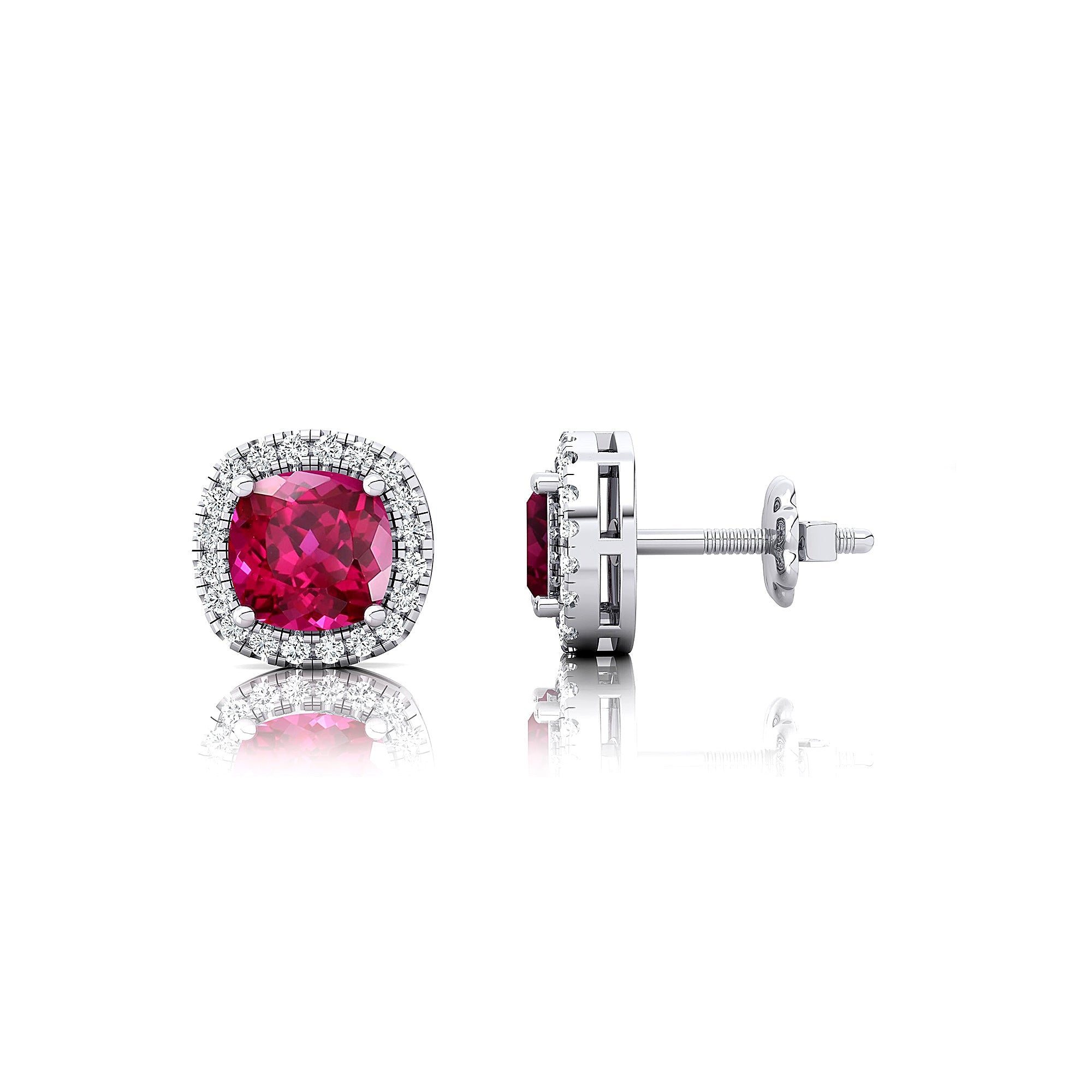 Cushion Cut Pink Sapphire Halo Diamond Stud Earrings - GeumJewels