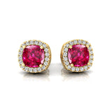 Cushion Cut Pink Sapphire Halo Diamond Stud Earrings - GeumJewels