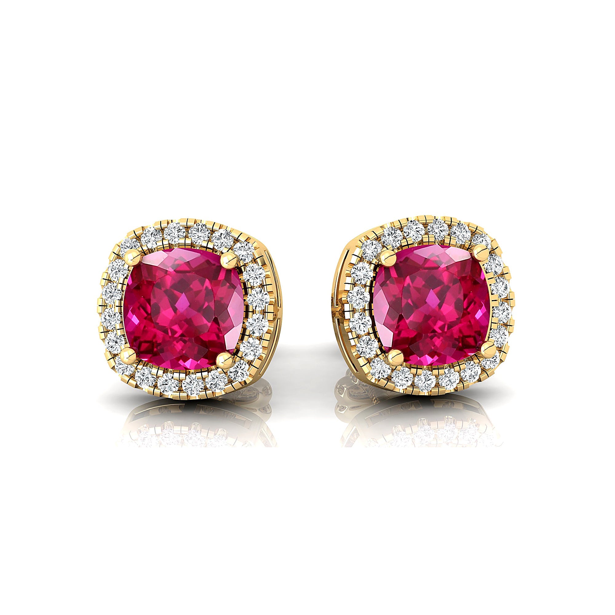 Cushion Cut Pink Sapphire Halo Diamond Stud Earrings - GeumJewels
