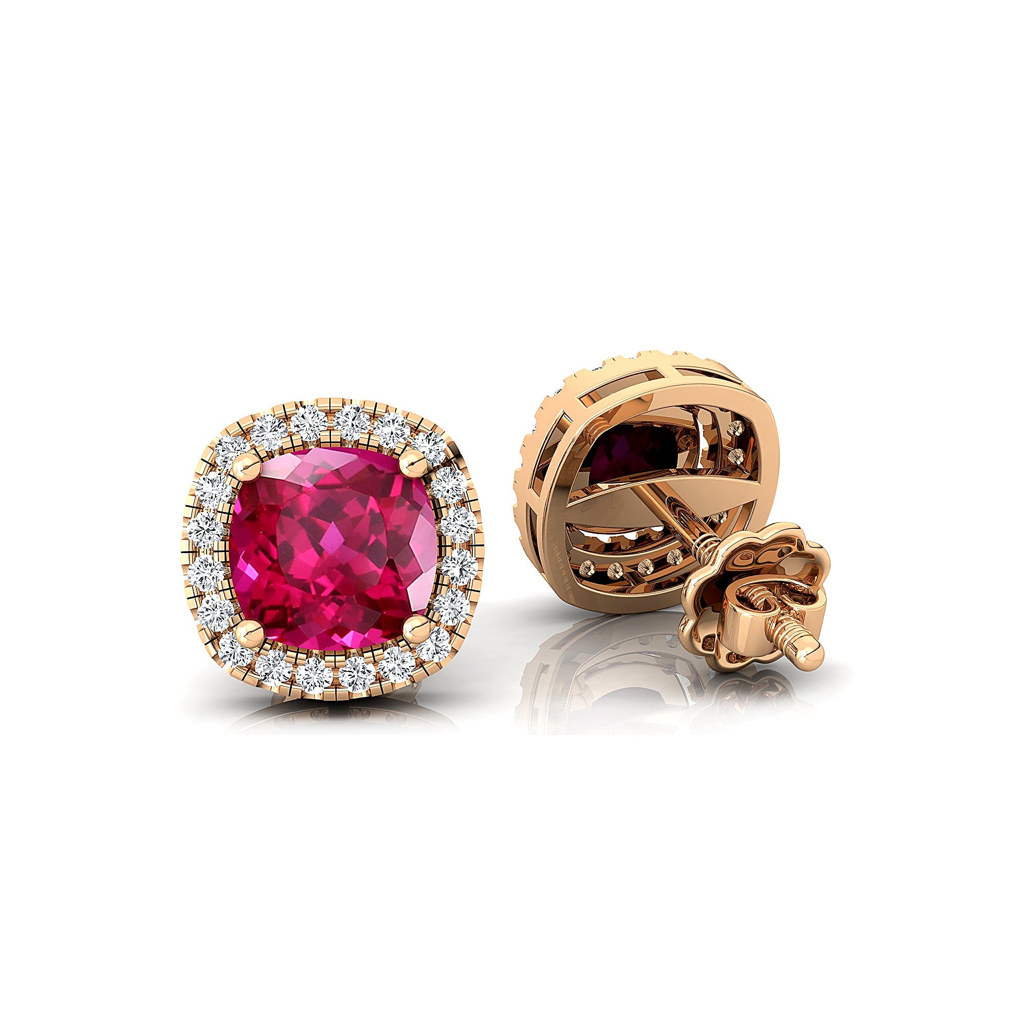 Cushion Cut Pink Sapphire Halo Diamond Stud Earrings - GeumJewels
