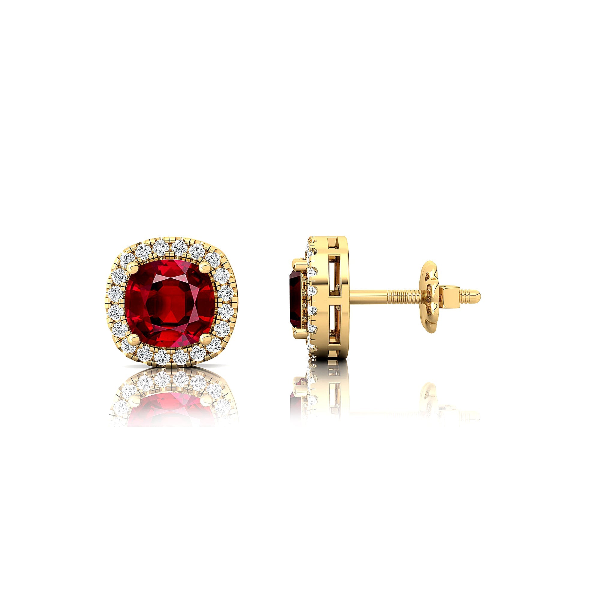 Cushion Cut Ruby Halo Diamond Stud Earrings - GeumJewels