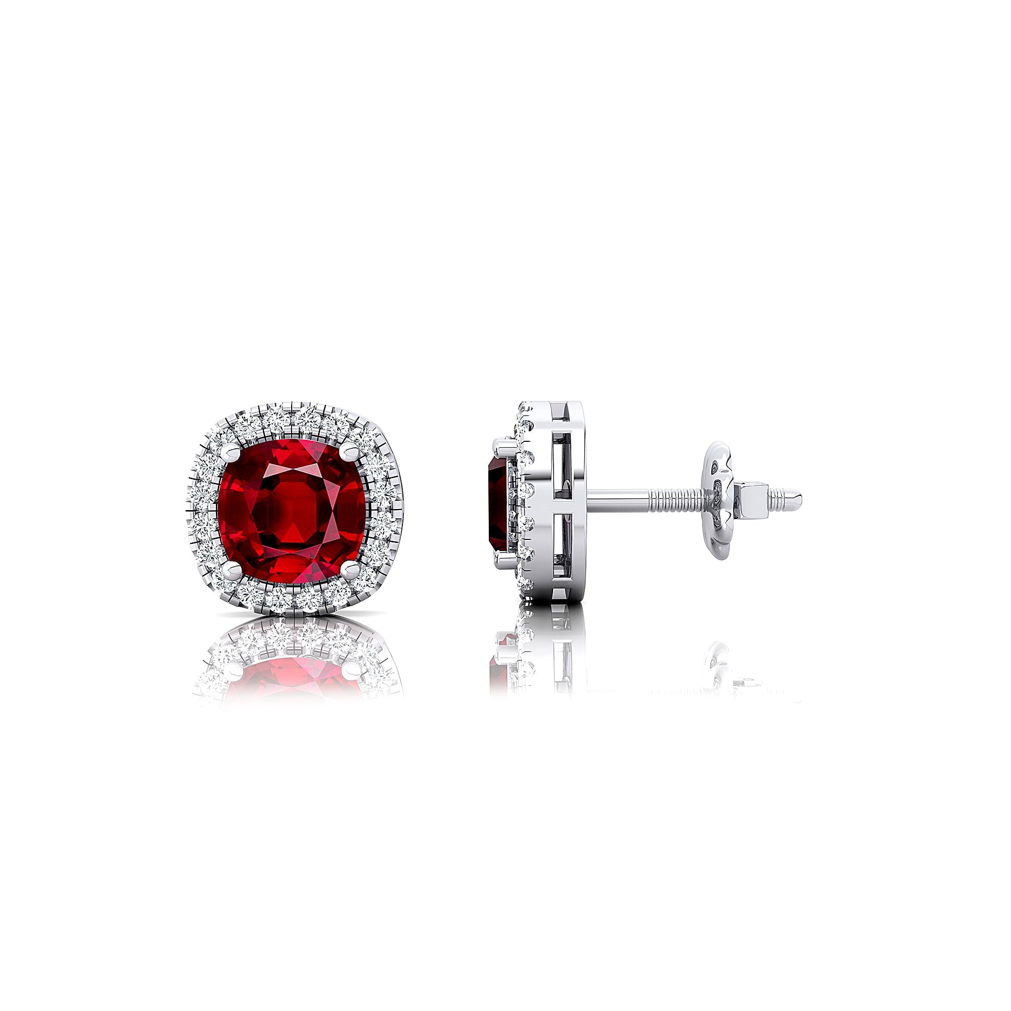 Cushion Cut Ruby Halo Diamond Stud Earrings - GeumJewels