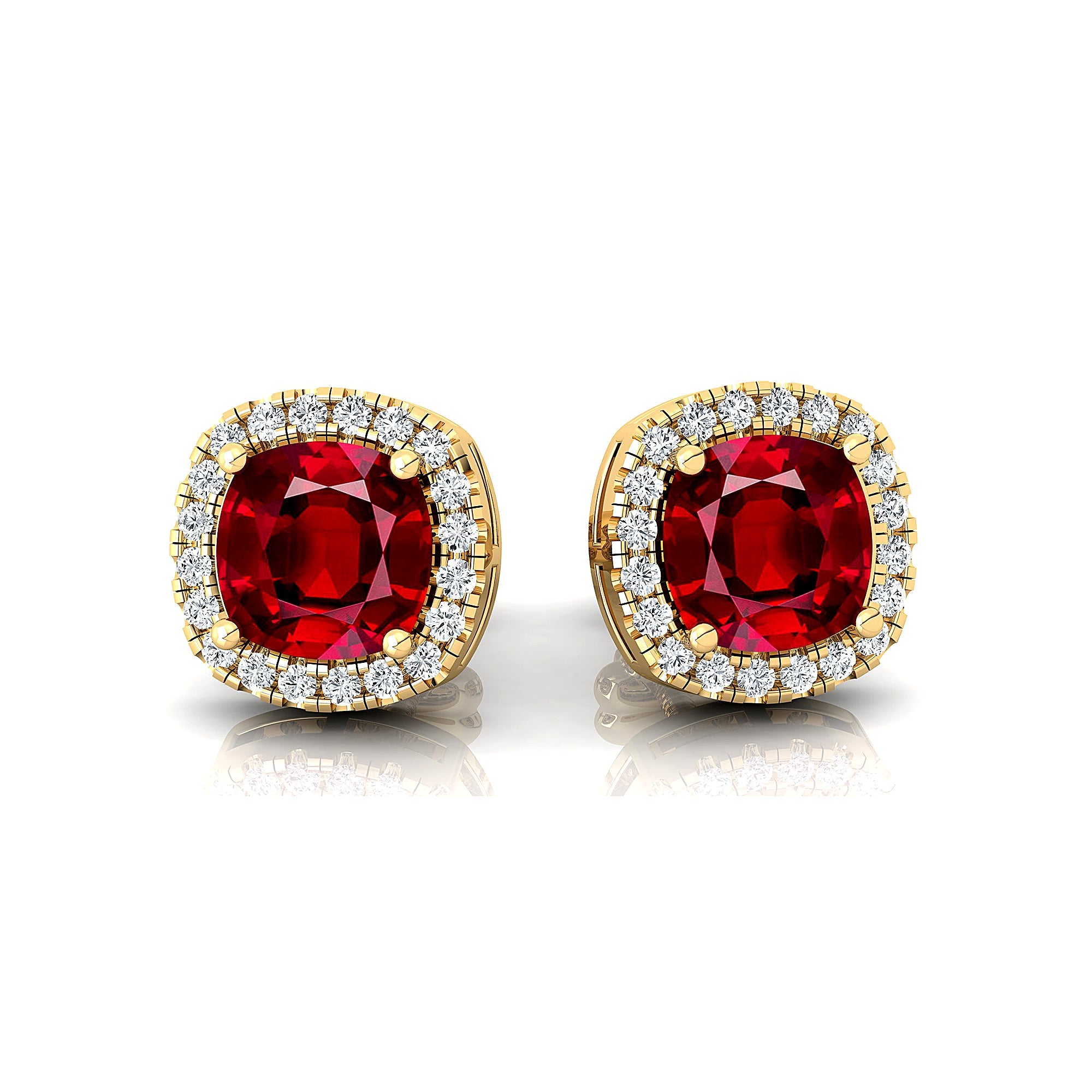 Cushion Cut Ruby Halo Diamond Stud Earrings - GeumJewels