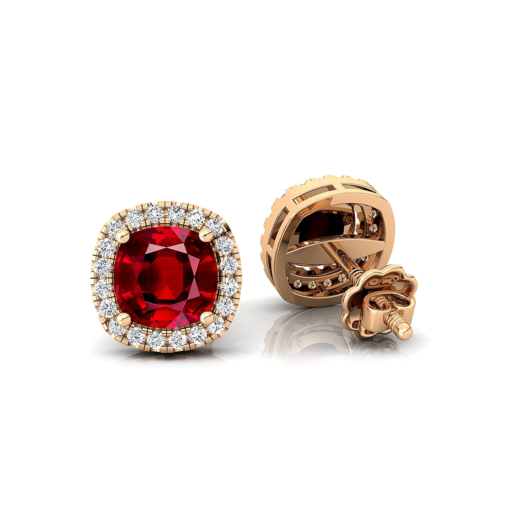 Cushion Cut Ruby Halo Diamond Stud Earrings - GeumJewels