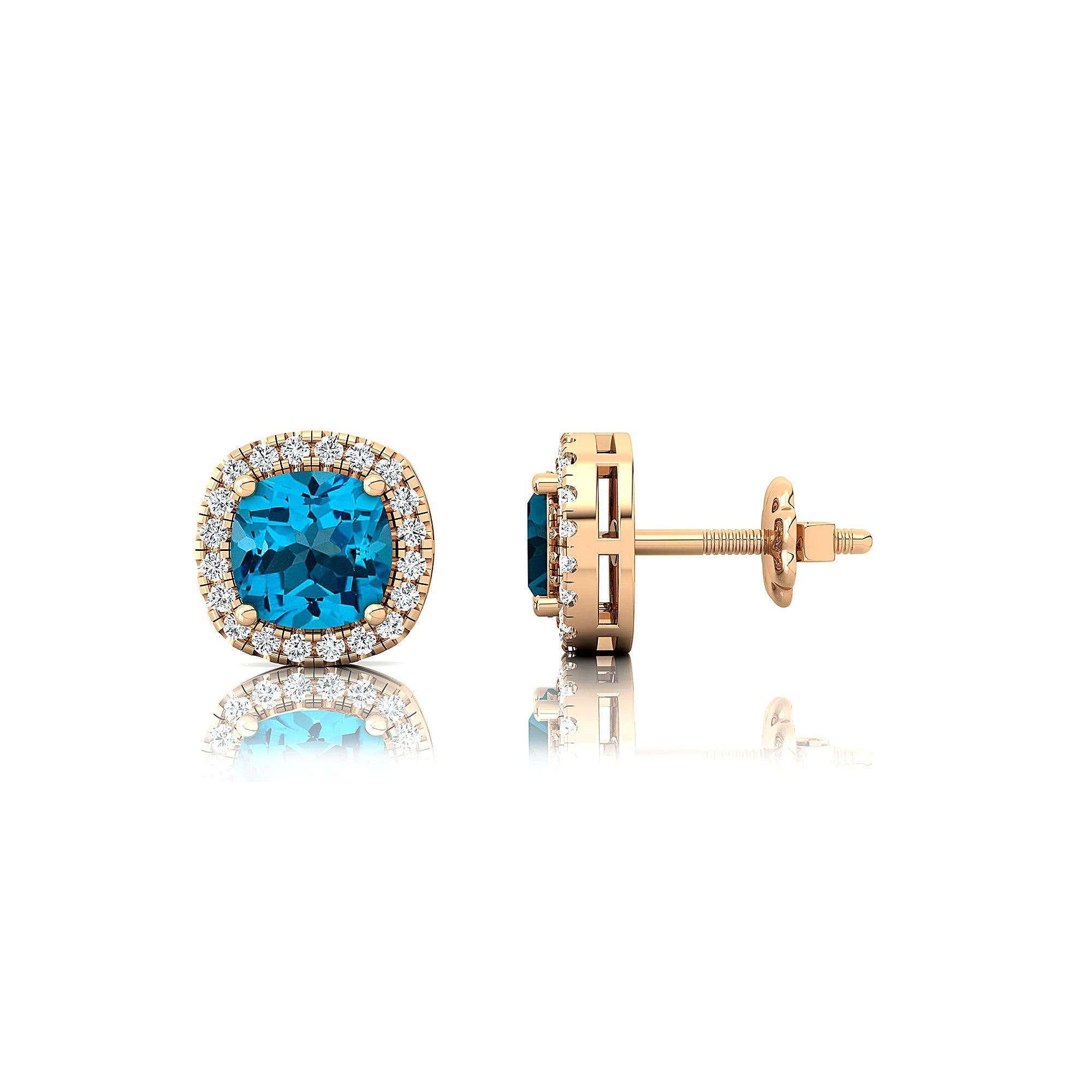 Cushion Cut Swiss Blue Topaz Halo Diamond Stud Earrings - GeumJewels
