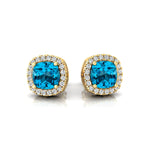 Cushion Cut Swiss Blue Topaz Halo Diamond Stud Earrings - GeumJewels