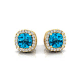 Cushion Cut Swiss Blue Topaz Halo Diamond Stud Earrings - GeumJewels