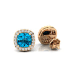 Cushion Cut Swiss Blue Topaz Halo Diamond Stud Earrings - GeumJewels