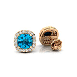 Cushion Cut Swiss Blue Topaz Halo Diamond Stud Earrings - GeumJewels