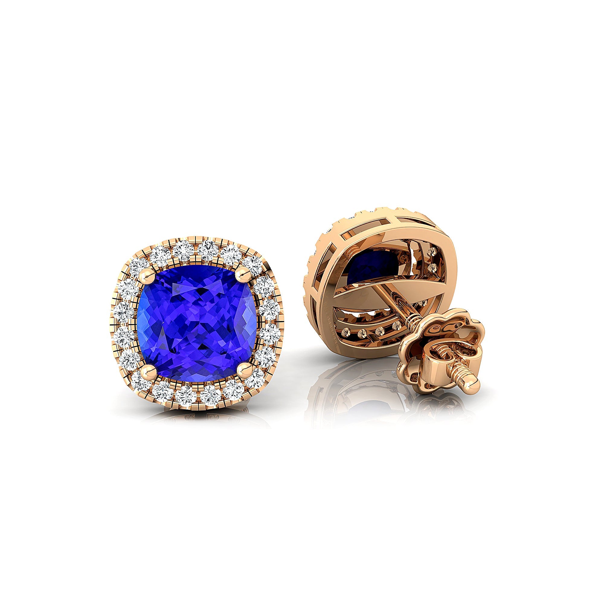Cushion Cut Tanzanite Halo Diamond Stud Earrings - GeumJewels