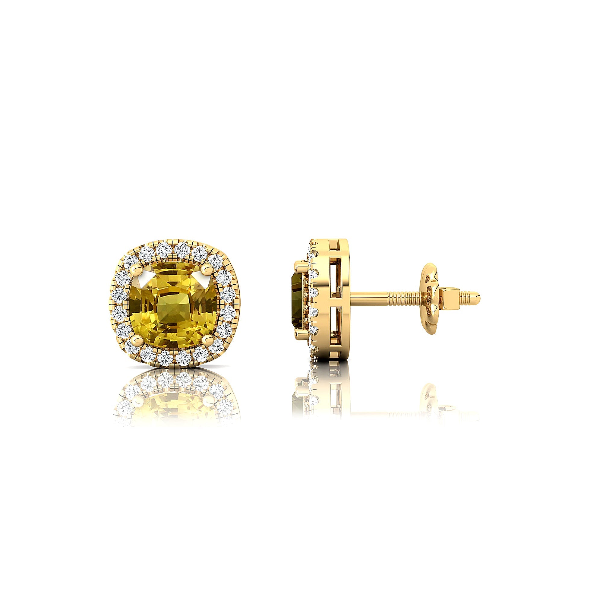 Cushion Cut Yellow Sapphire Halo Diamond Stud Earrings - GeumJewels