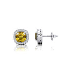 Cushion Cut Yellow Sapphire Halo Diamond Stud Earrings - GeumJewels