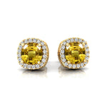 Cushion Cut Yellow Sapphire Halo Diamond Stud Earrings - GeumJewels