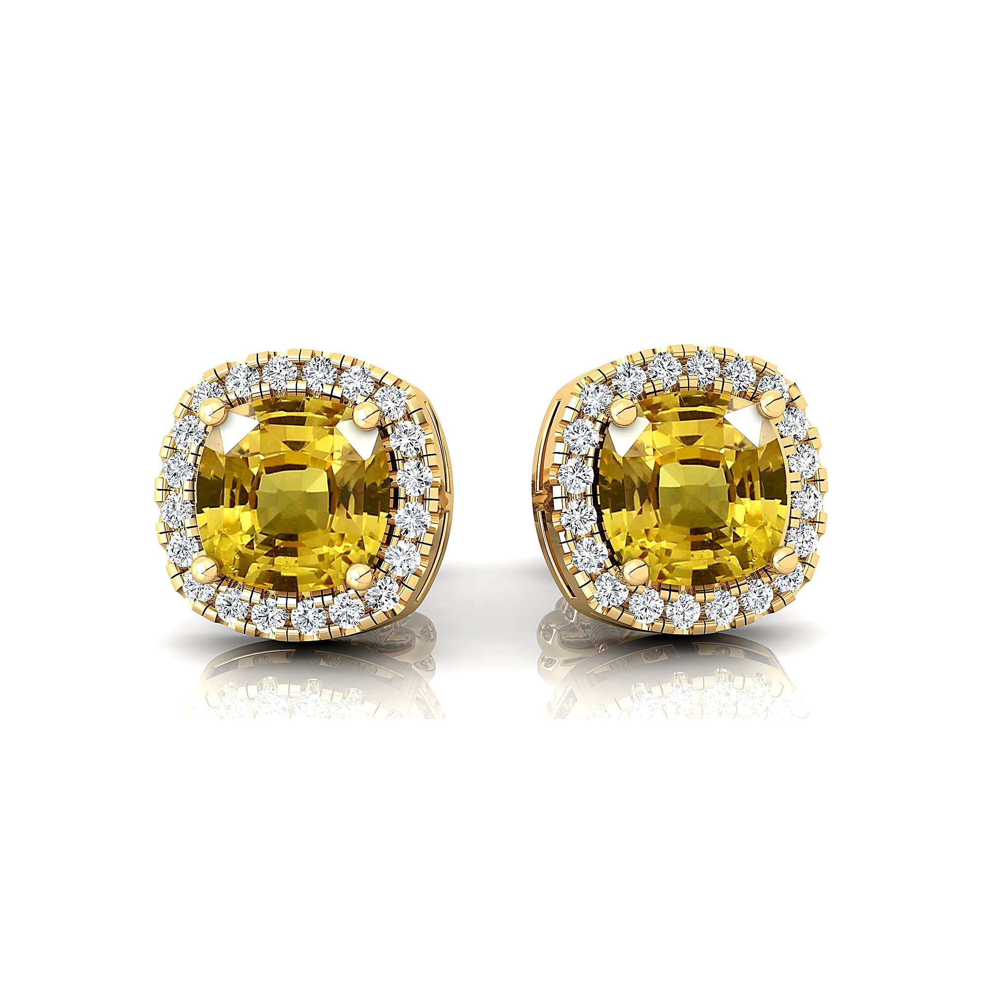 Cushion Cut Yellow Sapphire Halo Diamond Stud Earrings - GeumJewels